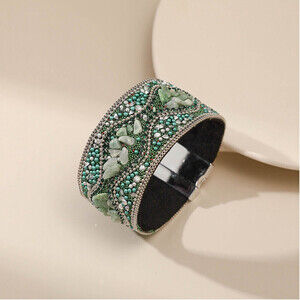 Bohemian Beaded Magnetic Buckle Leather Bracelet In Green